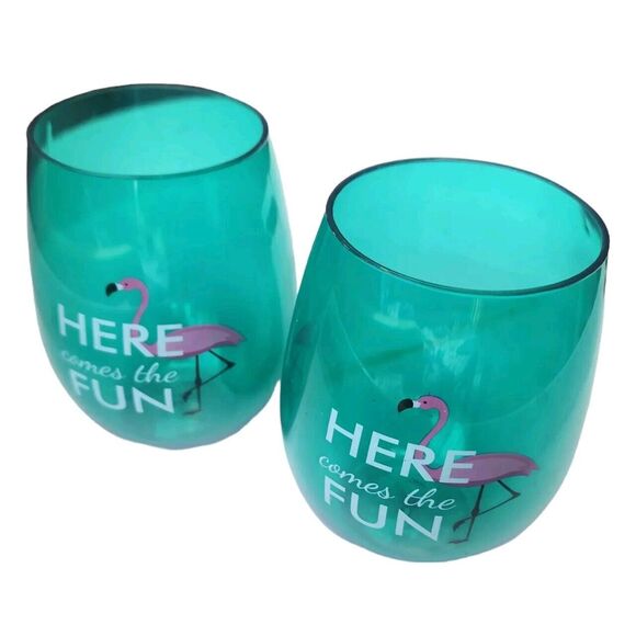 Flamingo Design Wine Glasses Stemless Acrylic Teal Boat Pool Party F… - Picture 1 of 10